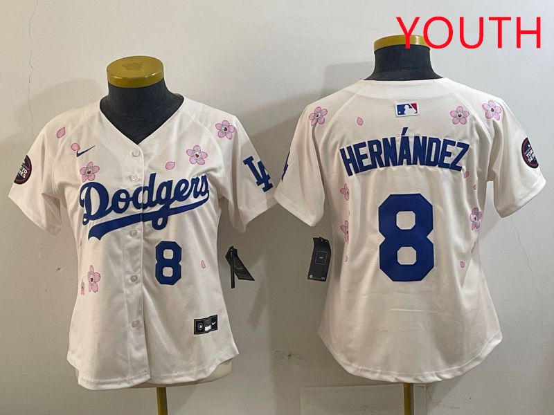 Youth Los Angeles Dodgers 8 Hernandez Cream Sakura Edition 2025 Nike MLB Jersey style 7